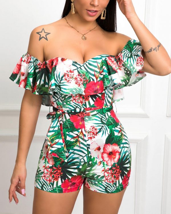 Off Shoulder Ruffles Rompers Womens Jumpsuit Summer Flower Print Jumpsuit Shorts Casual Beach Outfits Mujer - Takalr