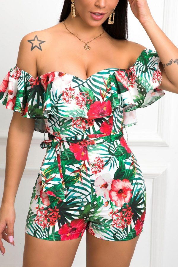 Off Shoulder Ruffles Rompers Womens Jumpsuit Summer Flower Print Jumpsuit Shorts Casual Beach Outfits Mujer - Takalr