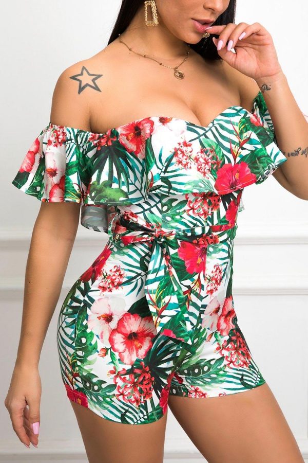 Off Shoulder Ruffles Rompers Womens Jumpsuit Summer Flower Print Jumpsuit Shorts Casual Beach Outfits Mujer - Takalr