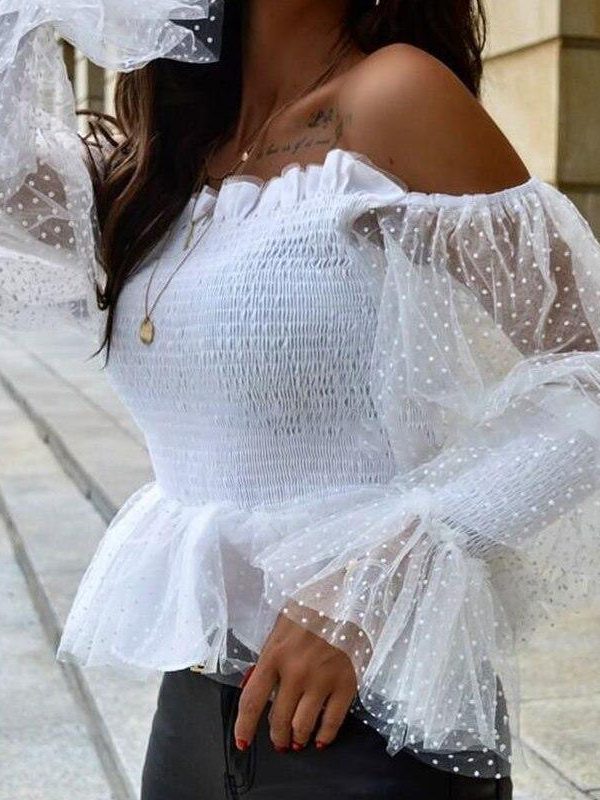 Off Shoulder Sheer Mesh Bell Cuff Ruffles T Shirt Women Polka Dots Print Solid White Tshirt Long Sleeve Blusas Mujer - Takalr