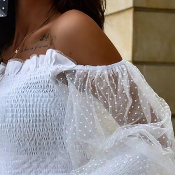 Off Shoulder Sheer Mesh Bell Cuff Ruffles T Shirt Women Polka Dots Print Solid White Tshirt Long Sleeve Blusas Mujer - Takalr