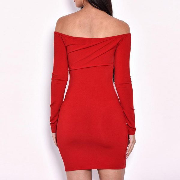 Off Shoulder Surplice Wrap Ruched Bodycon Dress Women Solid Red Long Sleeve Dress Winter Stretchy Mini Vestidos Mujer - Takalr