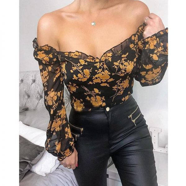 Off The Shoulder Floral Top Casual Women Long Sleeve T Shirt Flower Print Tshirt Summer Blusa Mujer - Takalr