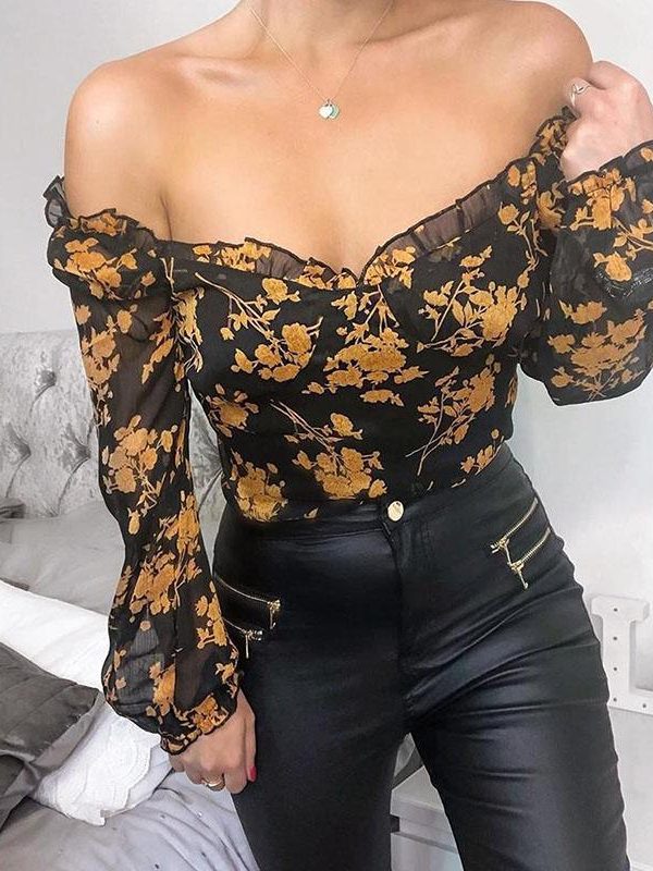 Off The Shoulder Floral Top Casual Women Long Sleeve T Shirt Flower Print Tshirt Summer Blusa Mujer - Takalr