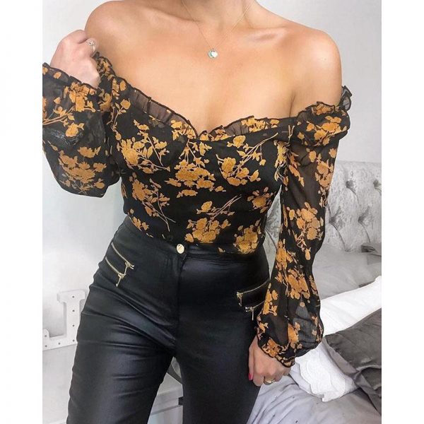 Off The Shoulder Floral Top Casual Women Long Sleeve T Shirt Flower Print Tshirt Summer Blusa Mujer - Takalr