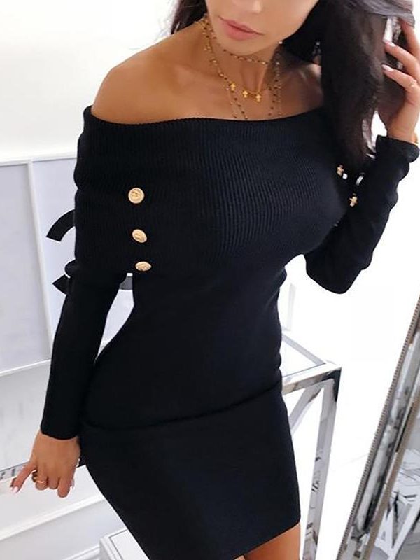 Off shoulder knitted sweater dress Women solid button grey black knitting dresses Elegant bodycon party dress Winter vestidos - Takalr