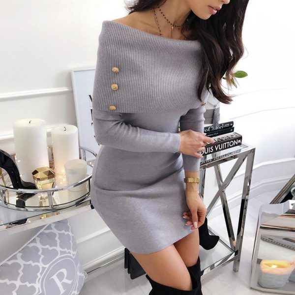 Off shoulder knitted sweater dress Women solid button grey black knitting dresses Elegant bodycon party dress Winter vestidos - Takalr