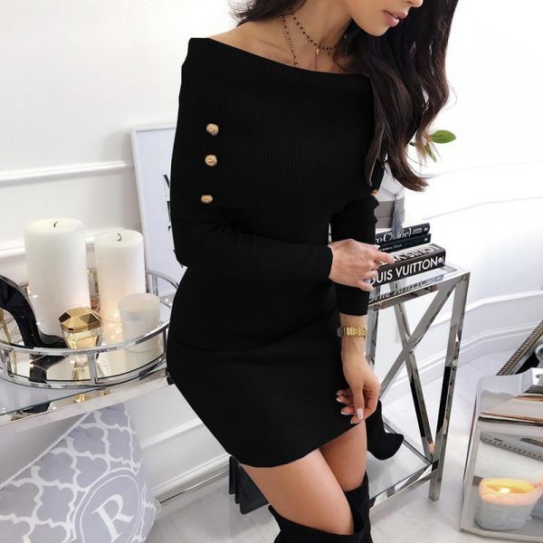 Off shoulder knitted sweater dress Women solid button grey black knitting dresses Elegant bodycon party dress Winter vestidos - Takalr