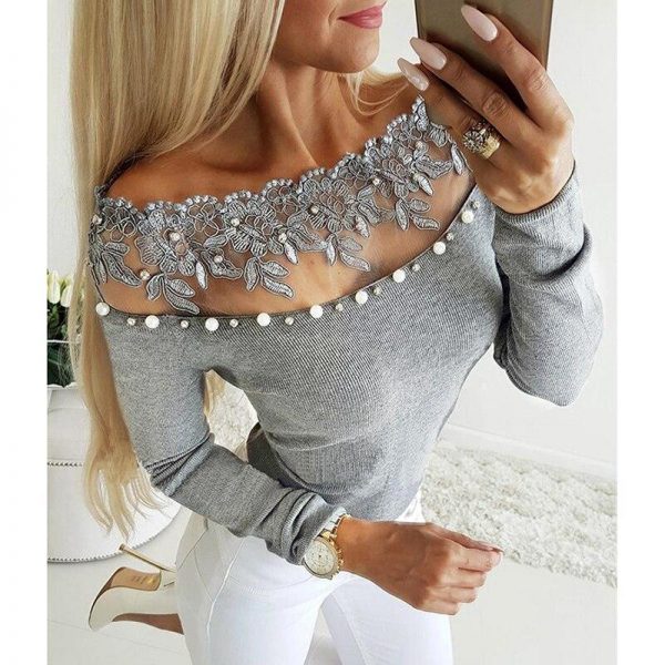 Off shoulder lace bead embellished blouse Women long sleeve slim blouse Spring beading grey blusas Womens tops and blouses - Takalr