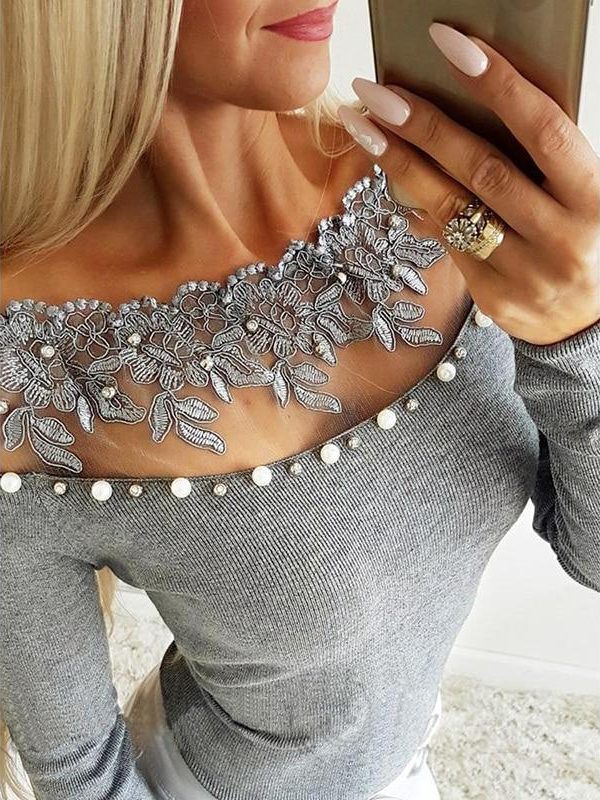 Off shoulder lace bead embellished blouse Women long sleeve slim blouse Spring beading grey blusas Womens tops and blouses - Takalr