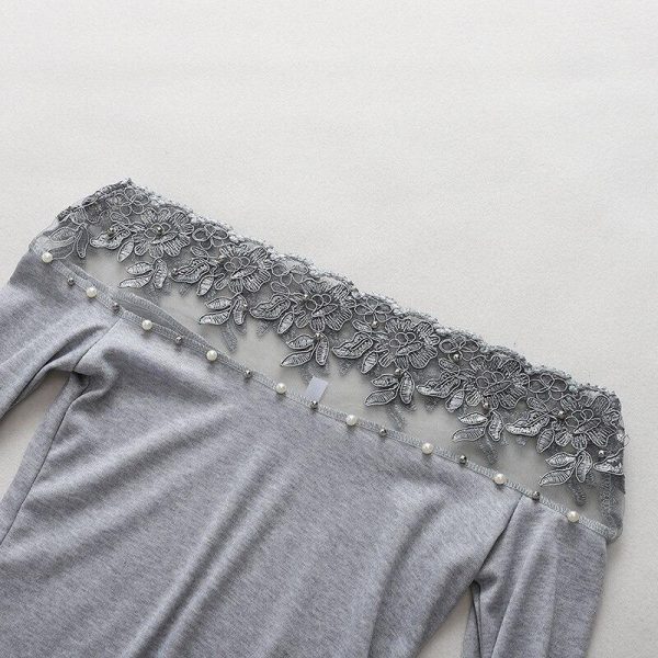 Off shoulder lace bead embellished blouse Women long sleeve slim blouse Spring beading grey blusas Womens tops and blouses - Takalr