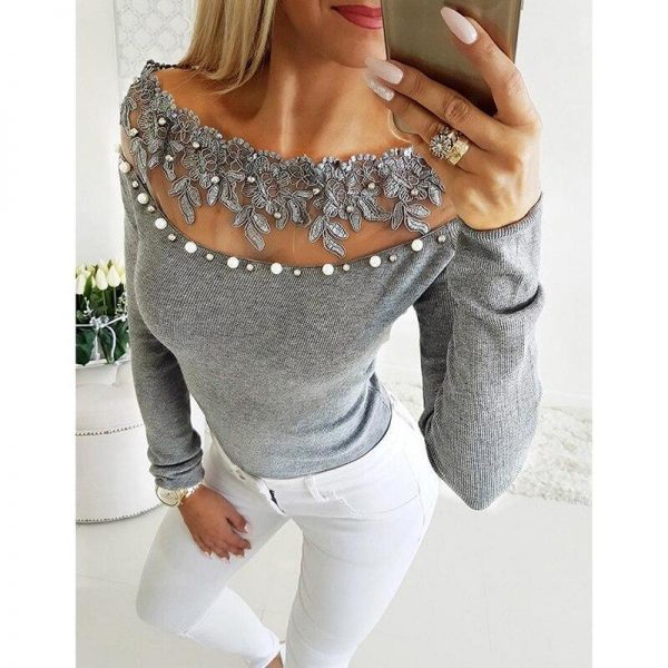 Off shoulder lace bead embellished blouse Women long sleeve slim blouse Spring beading grey blusas Womens tops and blouses - Takalr