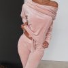 Off shoulder velvet two piece set women long sleeve tops and pants set Autumn casual tracksuit solid color ruched design - Takalr