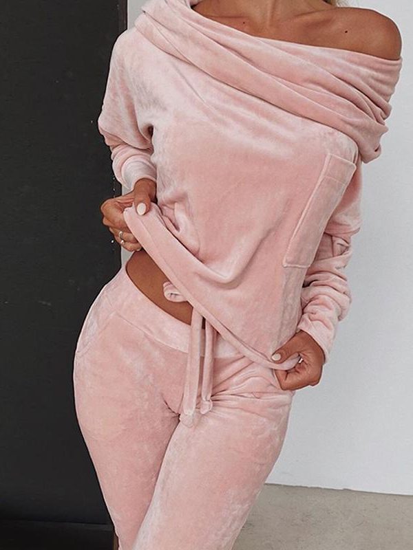 Off shoulder velvet two piece set women long sleeve tops and pants set Autumn casual tracksuit solid color ruched design - Takalr