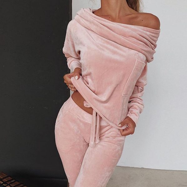 Off shoulder velvet two piece set women long sleeve tops and pants set Autumn casual tracksuit solid color ruched design - Takalr