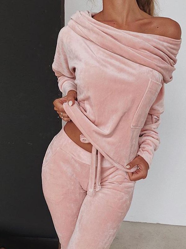 Off shoulder velvet two piece set women long sleeve tops and pants set Autumn casual tracksuit solid color ruched design - Takalr