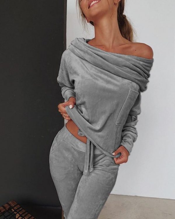 Off shoulder velvet two piece set women long sleeve tops and pants set Autumn casual tracksuit solid color ruched design - Takalr