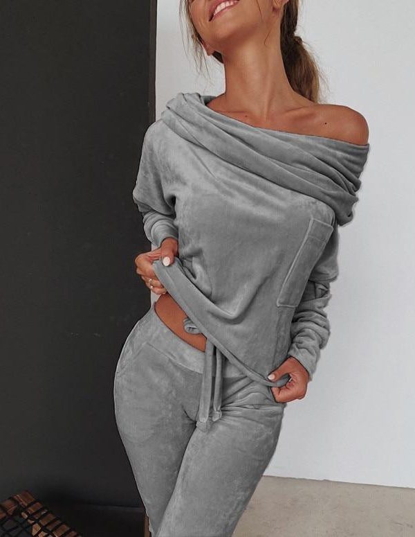 Off shoulder velvet two piece set women long sleeve tops and pants set Autumn casual tracksuit solid color ruched design - Takalr