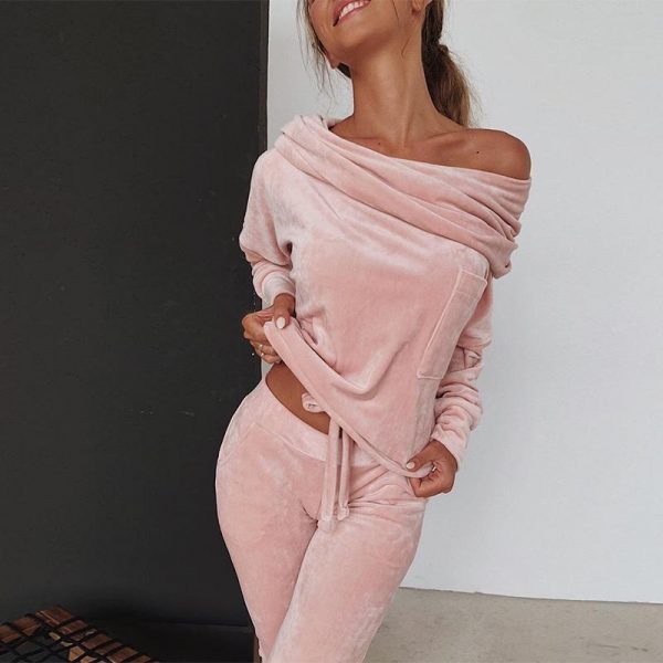 Off shoulder velvet two piece set women long sleeve tops and pants set Autumn casual tracksuit solid color ruched design - Takalr