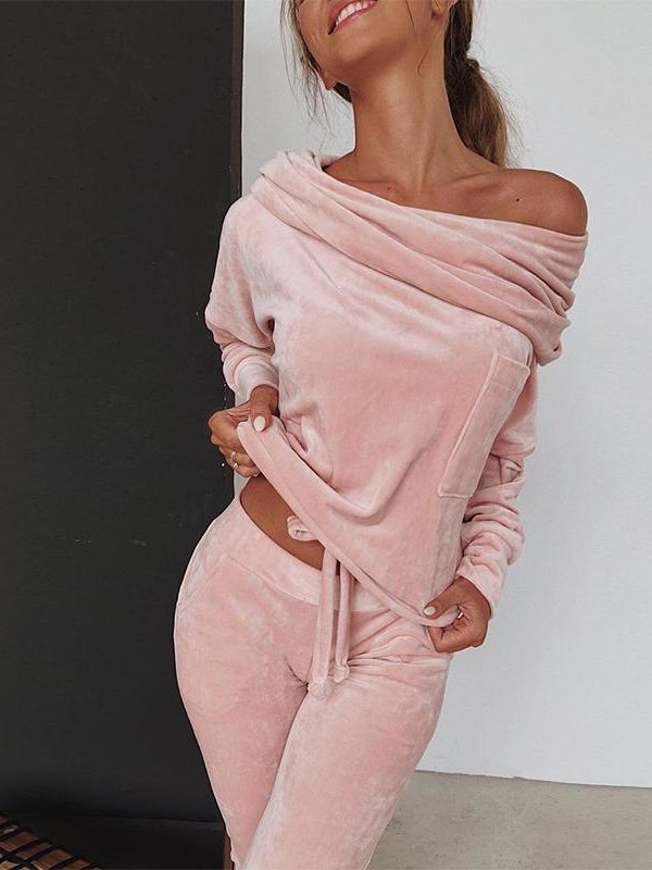 Off shoulder velvet two piece set women long sleeve tops and pants set Autumn casual tracksuit solid color ruched design - Takalr