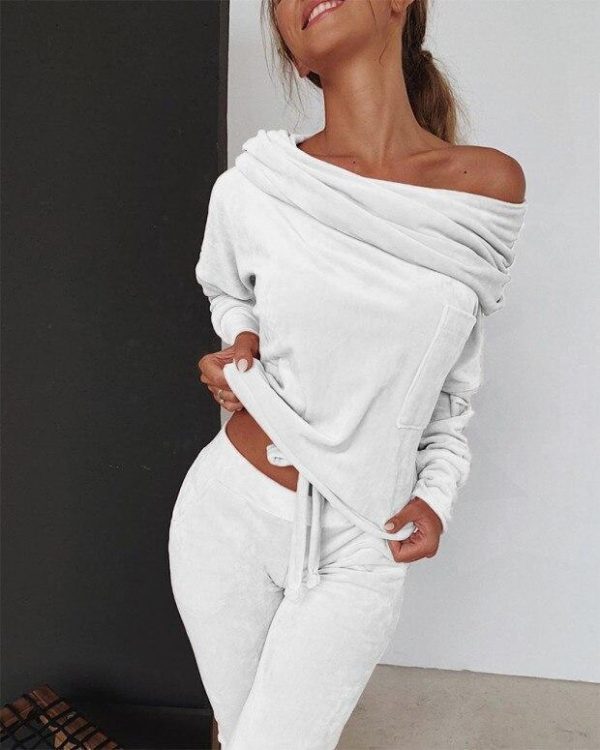 Off shoulder velvet two piece set women long sleeve tops and pants set Autumn casual tracksuit solid color ruched design - Takalr