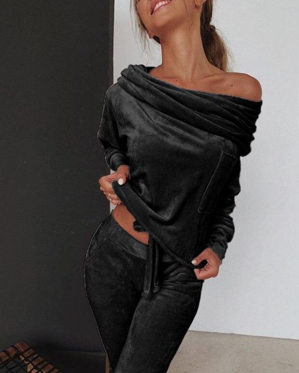 Off shoulder velvet two piece set women long sleeve tops and pants set Autumn casual tracksuit solid color ruched design - Takalr