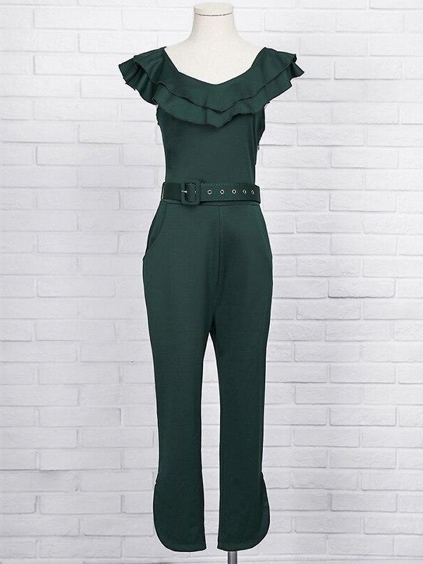 Off shoulder women jumpsuit with belt Elegant stylish jumpsuit Layered ruffle split leg high waist jumpsuits Female overalls - Takalr