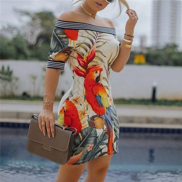 Off the shoulder bodycon dress women Floral printed short sleeve sheath dresses Elegant summer flower party dress vestidos mujer - Takalr