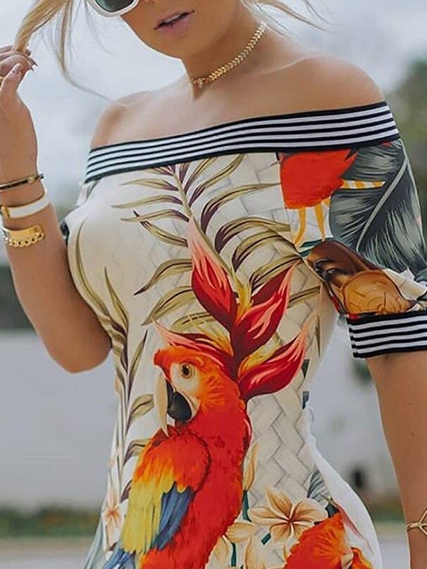 Off the shoulder bodycon dress women Floral printed short sleeve sheath dresses Elegant summer flower party dress vestidos mujer - Takalr