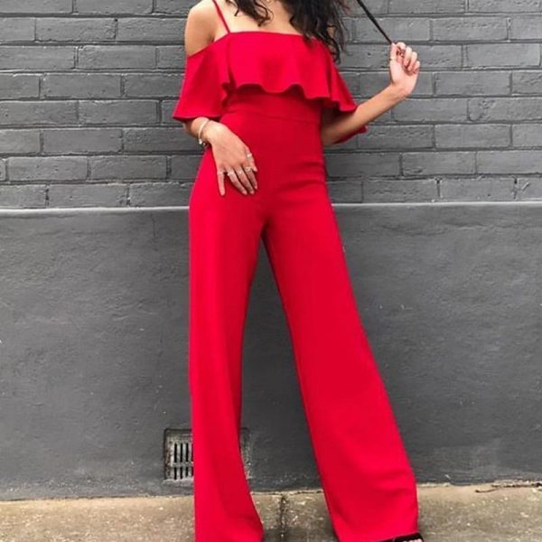 Off the shoulder wide leg jumpsuit Women solid ruffles maxi jumpsuits Summer high waist pants Overalls female long rompers - Takalr