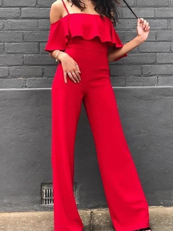 Off the shoulder wide leg jumpsuit Women solid ruffles maxi jumpsuits Summer high waist pants Overalls female long rompers - Takalr