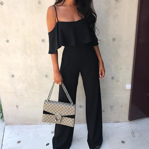 Off the shoulder wide leg jumpsuit Women solid ruffles maxi jumpsuits Summer high waist pants Overalls female long rompers - Takalr