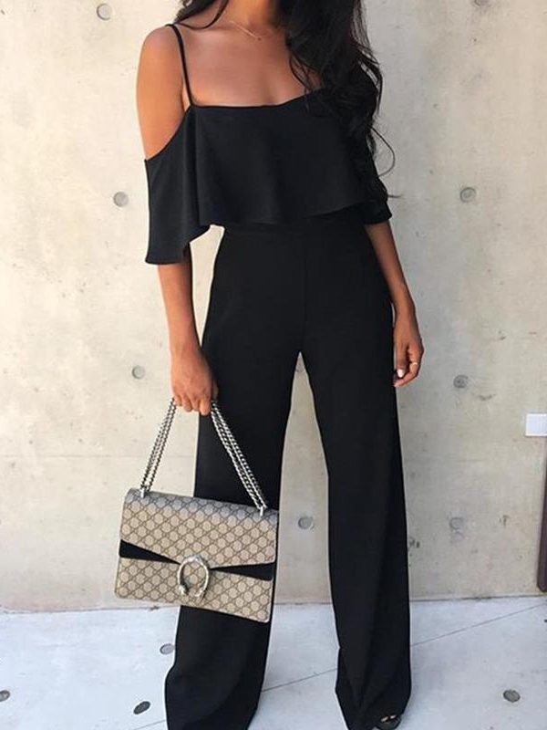 Off the shoulder wide leg jumpsuit Women solid ruffles maxi jumpsuits Summer high waist pants Overalls female long rompers - Takalr