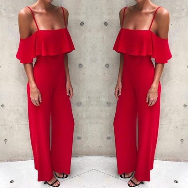 Off the shoulder wide leg jumpsuit Women solid ruffles maxi jumpsuits Summer high waist pants Overalls female long rompers - Takalr