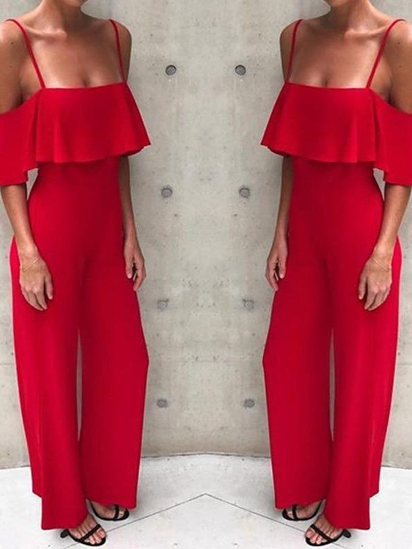 Off the shoulder wide leg jumpsuit Women solid ruffles maxi jumpsuits Summer high waist pants Overalls female long rompers - Takalr