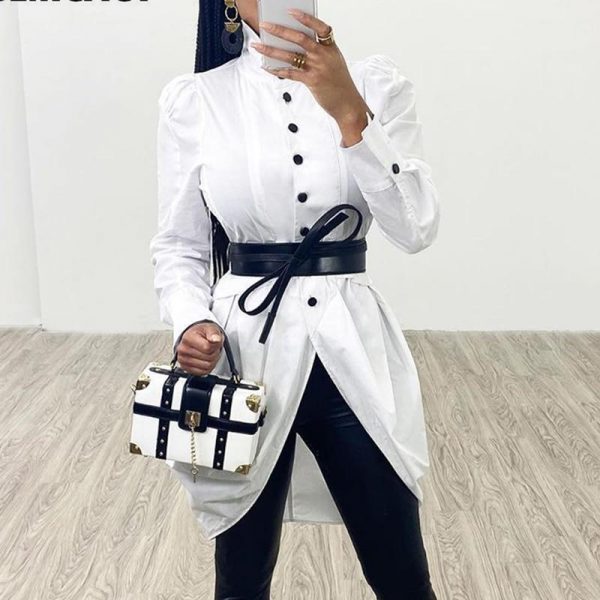 Office Lady Women Sheath Puff Sleeve Dress Shirts Autumn Turn-down Collar High Sit Slim Knee-length Shirts - Takalr