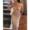 One Sleeeve Bodycon Sequined Dress Women Glitter One Shoulder Ruched Sequins Dresses Sexy Slim Party Dress Elegant Robe Femme - Takalr