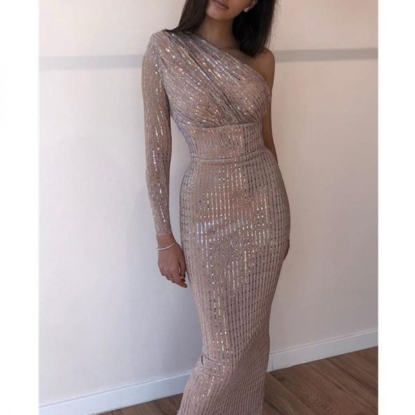 One Sleeeve Bodycon Sequined Dress Women Glitter One Shoulder Ruched Sequins Dresses Sexy Slim Party Dress Elegant Robe Femme - Takalr