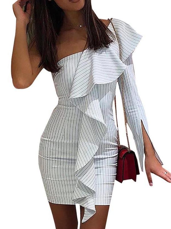 One off shoulder party dress Women long sleeve bodycon dresses Slim fit summer dress vestidos mujer - Takalr