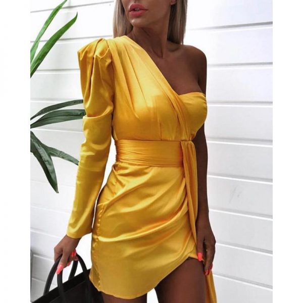 One off shoulder ruched design irregular dress women Strapless plunging summer mini dress club party yellow vestidos femme - Takalr