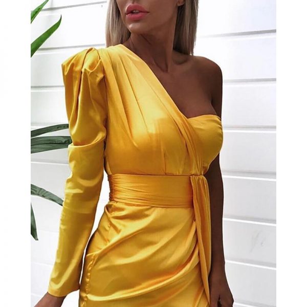 One off shoulder ruched design irregular dress women Strapless plunging summer mini dress club party yellow vestidos femme - Takalr