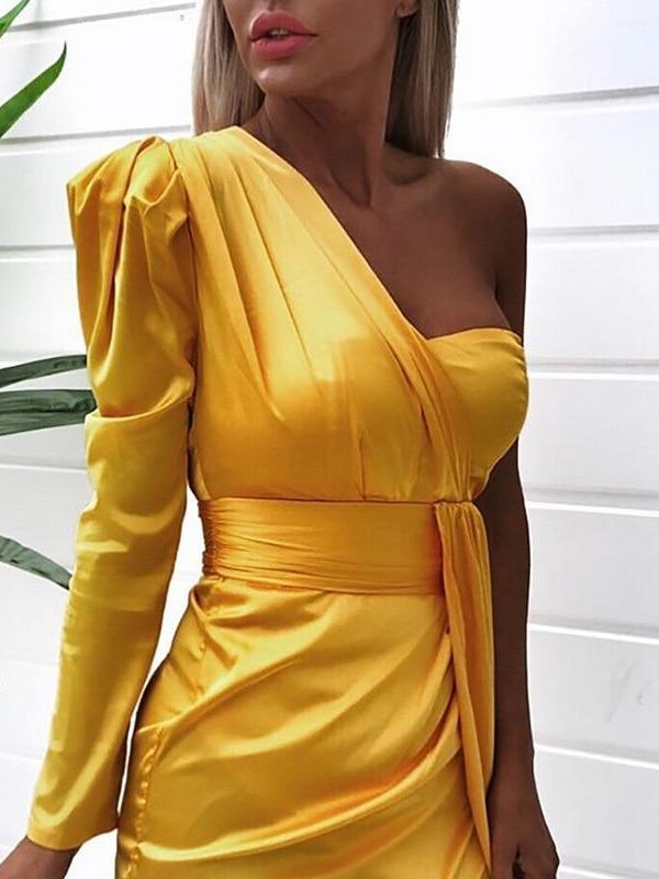 One off shoulder ruched design irregular dress women Strapless plunging summer mini dress club party yellow vestidos femme - Takalr