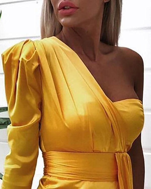 One off shoulder ruched design irregular dress women Strapless plunging summer mini dress club party yellow vestidos femme - Takalr