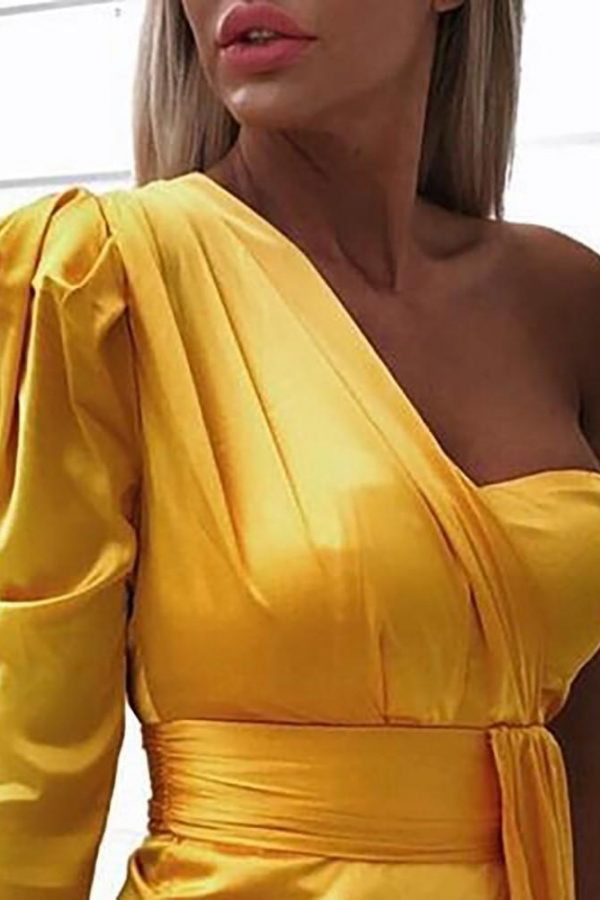 One off shoulder ruched design irregular dress women Strapless plunging summer mini dress club party yellow vestidos femme - Takalr