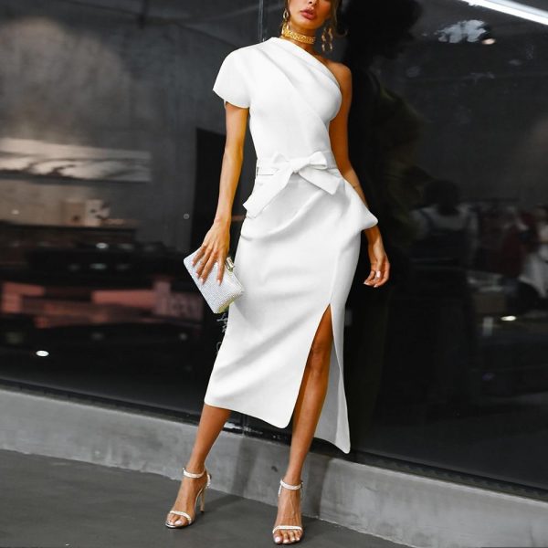 One shoulder ruched irregular party dress Women slit high waist plunging dresses Summer white black elegant vestidos femme - Takalr