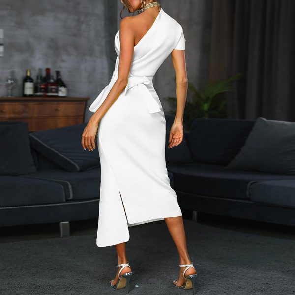 One shoulder ruched irregular party dress Women slit high waist plunging dresses Summer white black elegant vestidos femme - Takalr