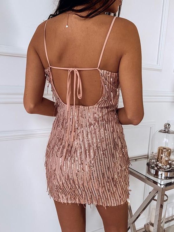 Open Back Bandage Sequin Dress Women Sleeveless Bodycon Party Dress Spaghetti Strap Dresses Summer Sequined Vestidos - Takalr