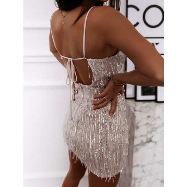 Open Back Bandage Sequin Dress Women Sleeveless Bodycon Party Dress Spaghetti Strap Dresses Summer Sequined Vestidos - Takalr