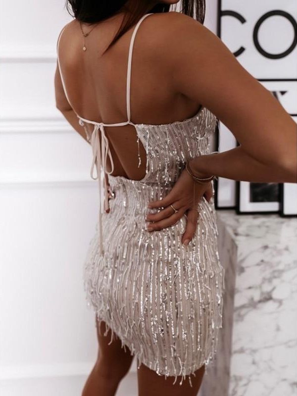 Open Back Bandage Sequin Dress Women Sleeveless Bodycon Party Dress Spaghetti Strap Dresses Summer Sequined Vestidos - Takalr