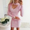 Pearls beading bodycon winter dress women Front hollow out long sleeve dresses sashes mini dress Pink navy vestidos - Takalr